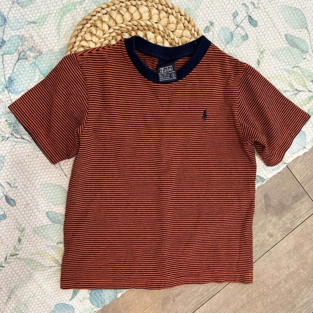 Rare Vintage Polo Ralph Lauren Little Boys Orange and Navy Striped Tee Size 5